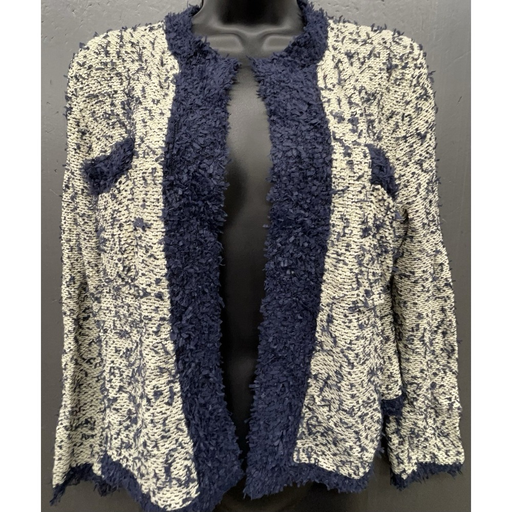 J Crew Sweater Blazer Women S Ivory Blue Open Pockets Preppy Quiet Luxury Jacket